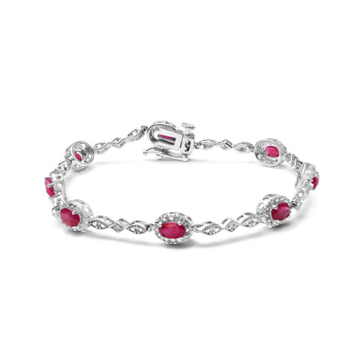 10K White Gold 4.5mm x 3mm Oval Ruby and Diamond Link Bracelet (H-I Color, SI1-SI2 Clarity)  - Size 7