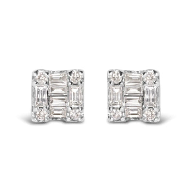 10K White Gold 1/7 Cttw Round and Baguette Diamond Mosaic Square Stud Earrings (H-I Color, I1-I2 Clarity)