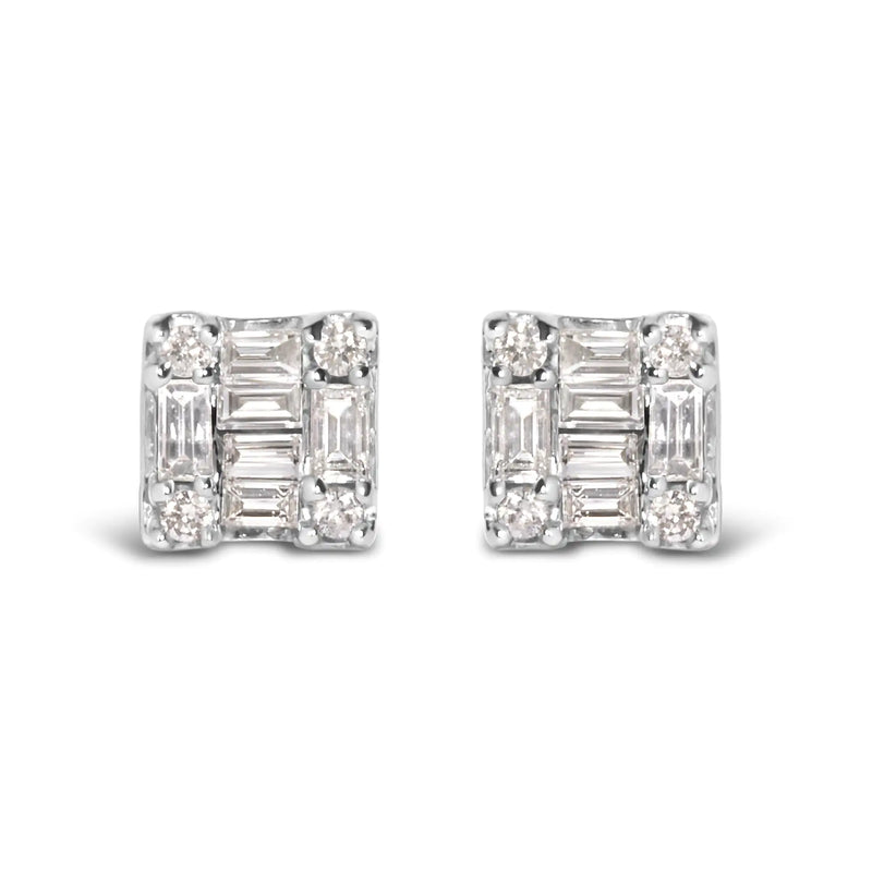 10K White Gold 1/7 Cttw Round and Baguette Diamond Mosaic Square Stud Earrings (H-I Color, I1-I2 Clarity)